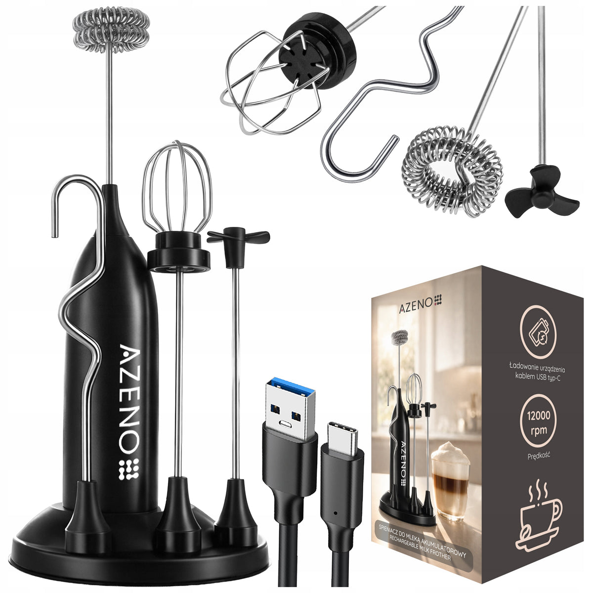 Elektryczny spieniacz do mleka ręczny 4W1 mini ubijaczka do mleka kawy USB mieszadło kuchenne, mikser cappuccino