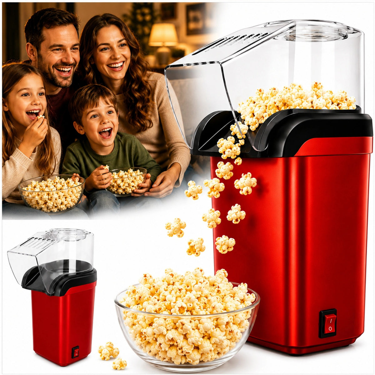 Maszyna do popcornu beztłuszczowa 1200W do domu automat urządzenie 230V prażarka kukurydzy z miarką do ziaren