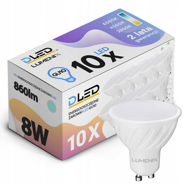 10x Żarówka LED GU10 8W 4500K Biała Neutral 860lm 120° Wydajna Premium CCD spot punktowy do lamp sufitowych, zamiennik halogenowy