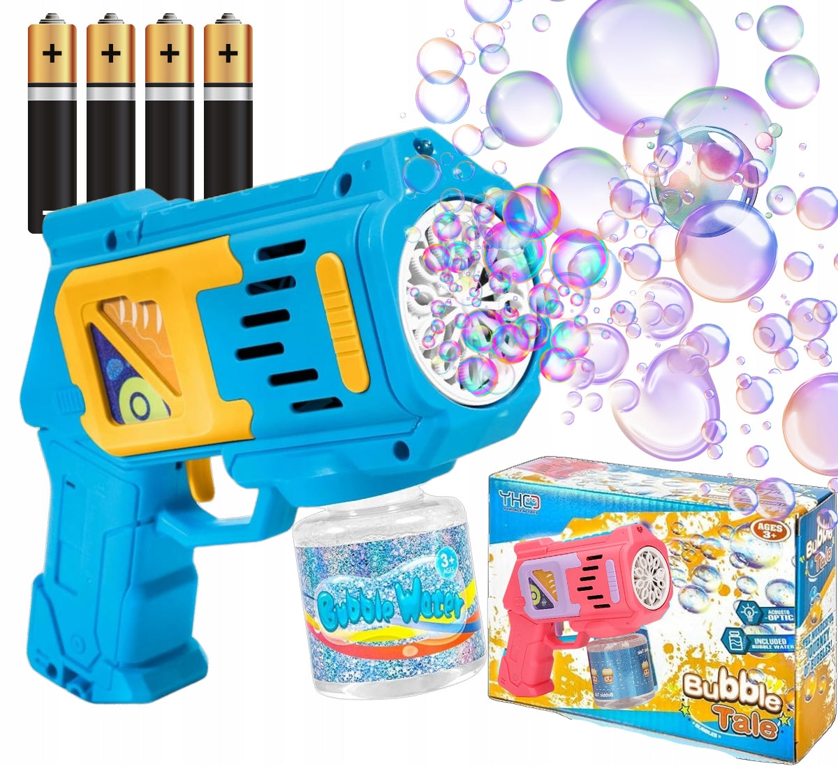 Pistolet na bańki maszyna do baniek na baterie+ 4x baterie + płyn niebieski wiek 3 lata+