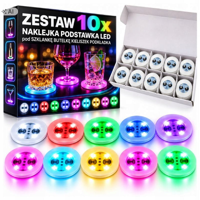 10X podstawka LED pod butelkę szklankę kubek naklejka świecąca zestaw