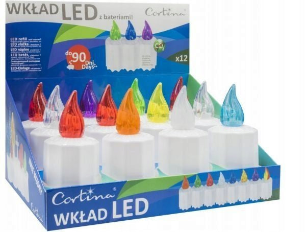 Wkład na baterie Do Zniczy Led elektryczny 90 Dni MIX 8 kolorów (12 sztuk) lampka nagrobna, świeca cmentarna na grób, 11 cm, ponad 75 h