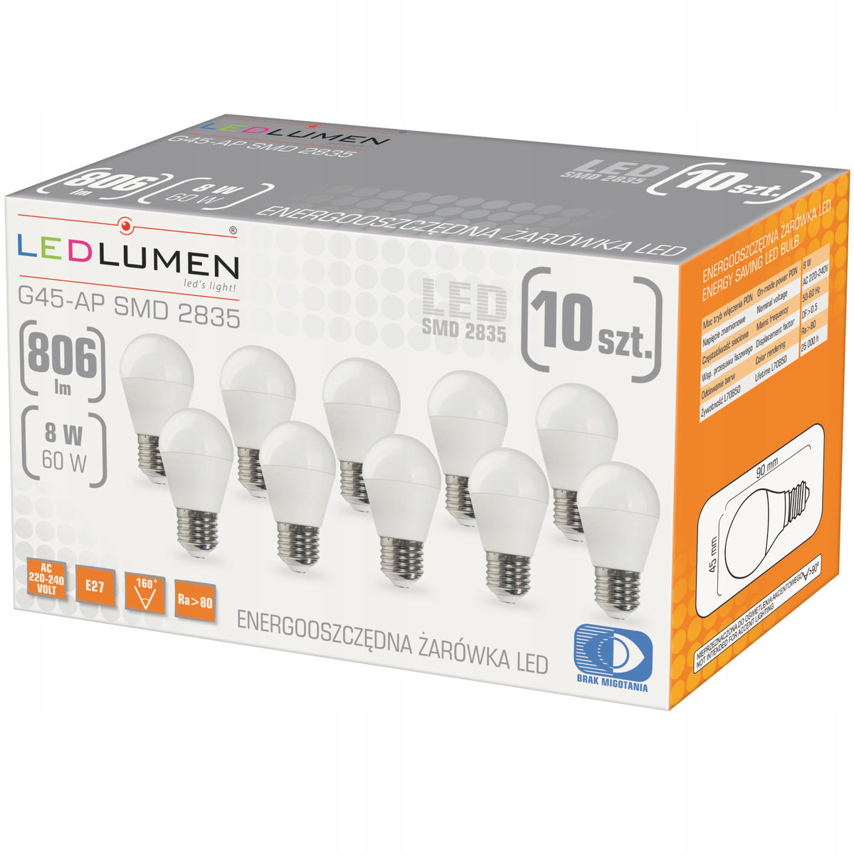 Zestaw 10x Żarówka LED E27 8W=60W 806lm 160° Nie Mruga Premium Ciepła 3000K kulista kulka do lamp i opraw domowych