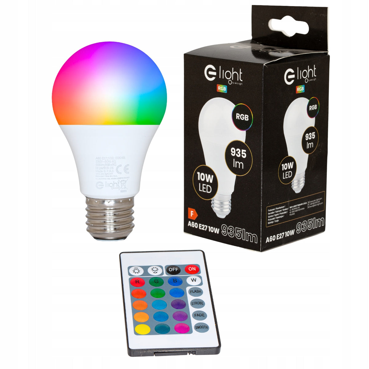 Żarówka LED RGB 10W E27 A60 + pilot 935lm Kolorowa Ściemnialna lampka wielobarwna zdalnie sterowana do oświetlenia