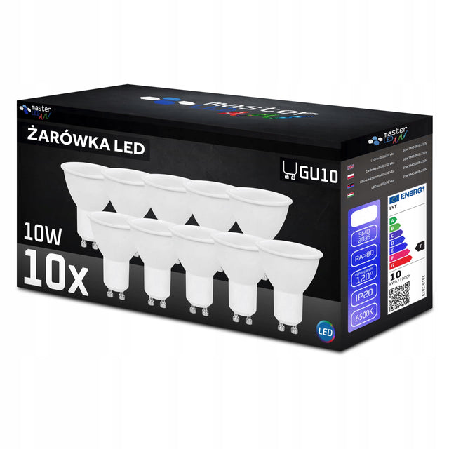 10x Żarówka LED GU10 Biała Zimna 10W 6500K 230V mocna niemrugająca premium 1000 lm, kapsułka do reflektorów i opraw punktowych