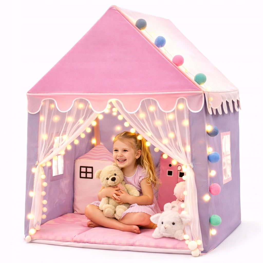 Namiot dla dzieci tipi domek do pokoju ogrodu + lampki LED duży kryjówka, baza zabaw, różowy, wysokość 130 cm, od 3 lat