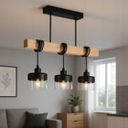 Lampa sufitowa wisząca żyrandol LED 3x E27 oprawa loft drewno szklana czarna do salonu jadalni kuchni, 3 punkty, do 50