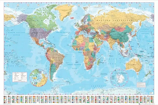 Polityczna Mapa Świata i Flagi - plakat 91,5x61 cm planisfera, pomoc edukacyjna do nauki geografii, dekoracja ścienna, bez ramy, pozioma