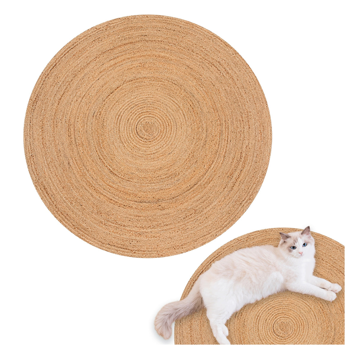 Okrągły dywan z juty 120 CM naturalny beżowy pleciowy w stylu boho mata podłogowa do salonu, sypialni i przedpokoju