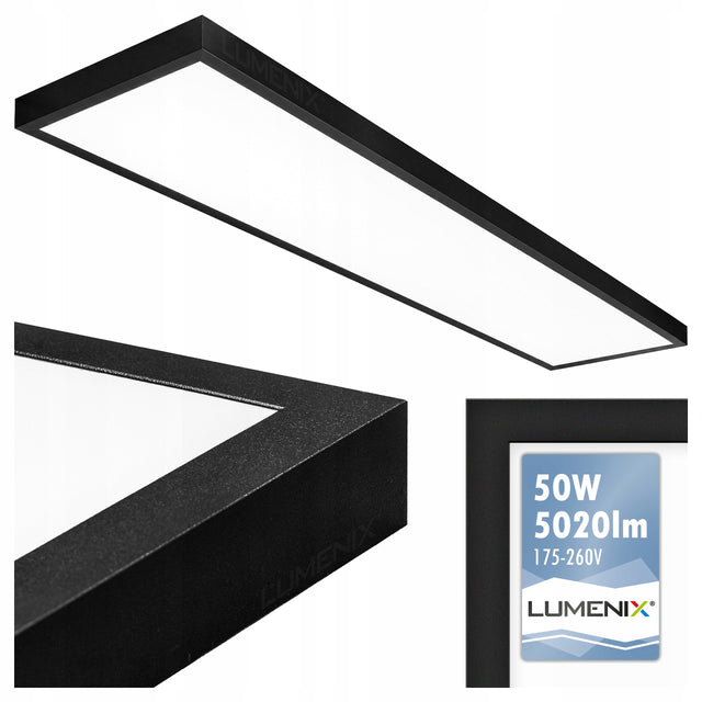 Panel Plafon Natynkowy Sufitowy Oprawa LED 50W 5020lm CC 120x30cm Czarny lampa do wnętrz, neutralne białe światło, zintegrowane źródło światła