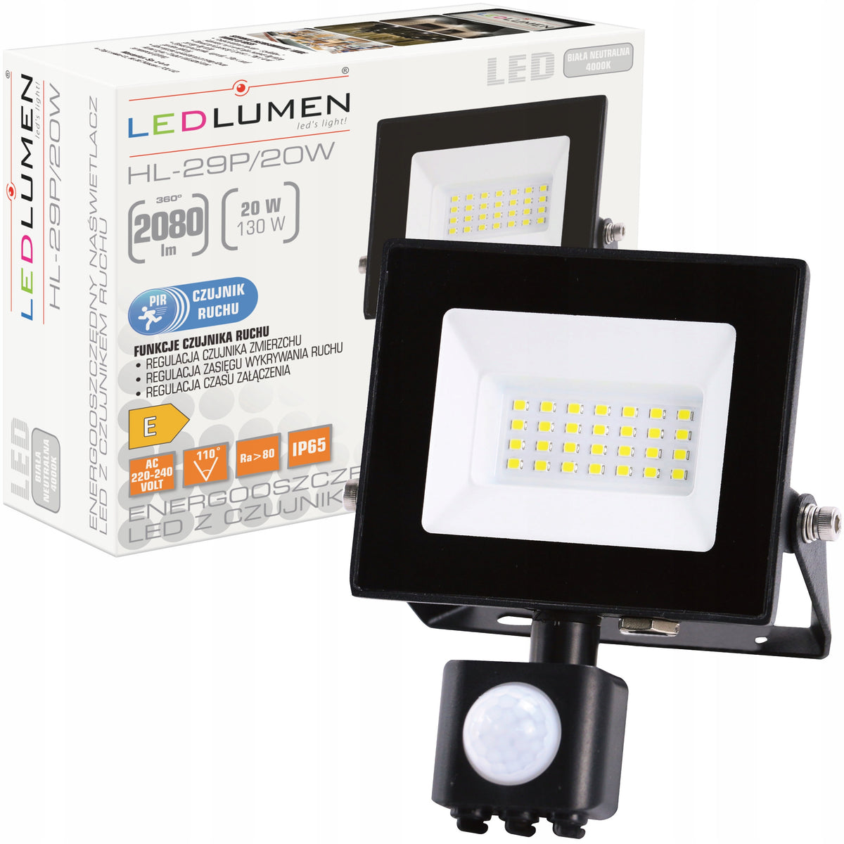 Naświetlacz LED 20W=130W z Czujnikiem Ruchu Halogen Zewnętrzny 2080lm Lampa reflektor ogrodowy IP65, światło neutralne