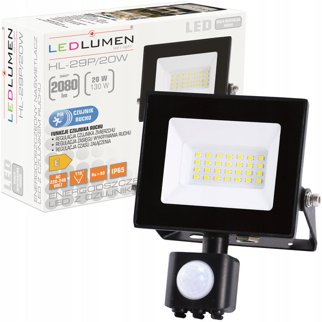 Naświetlacz LED 20W=130W z Czujnikiem Ruchu Halogen Zewnętrzny 2080lm Lampa reflektor ogrodowy IP65, światło neutralne 4000 K