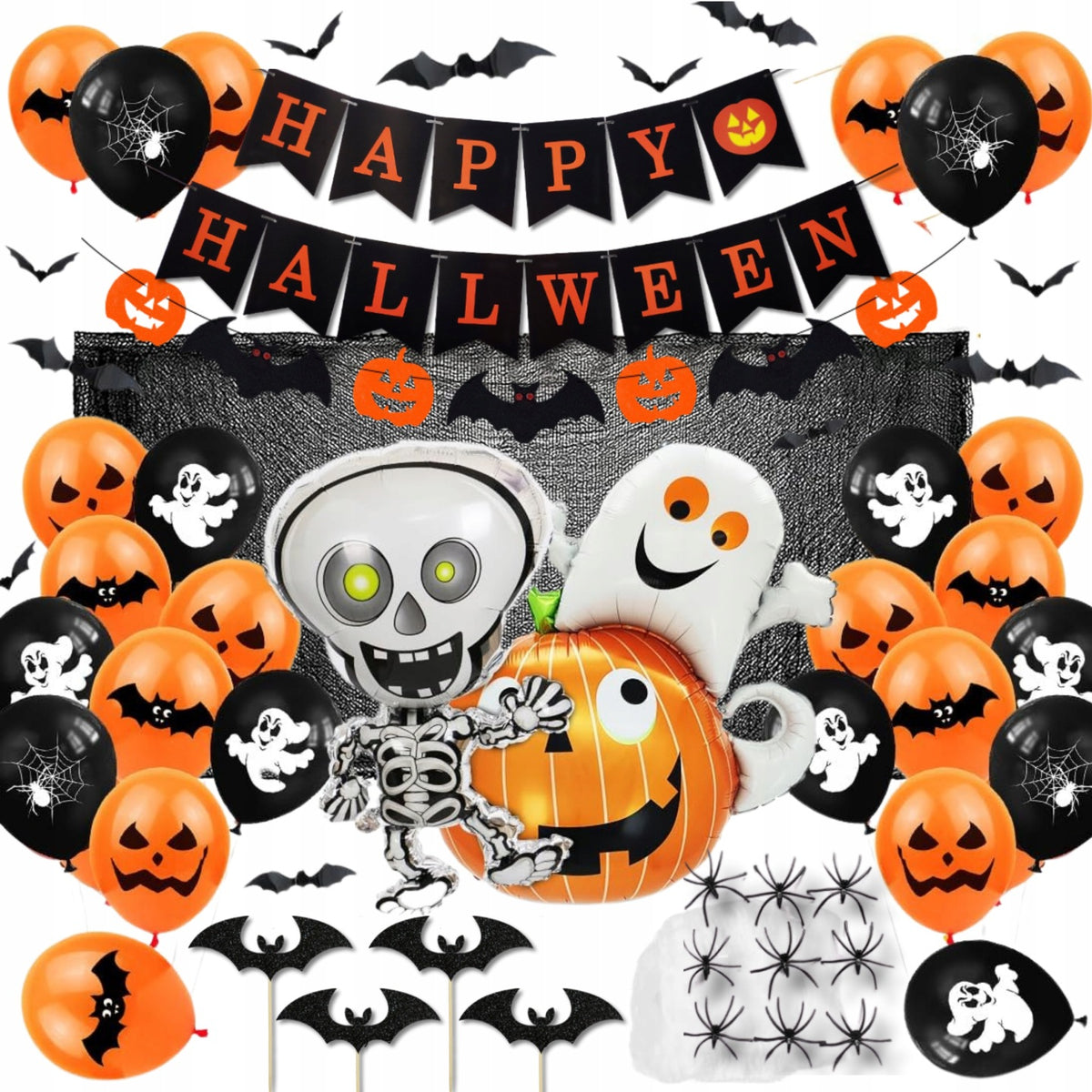 ZESTAW DEKORACJI HALLOWEEN GIRLANDA BALONY DEKORACJE PAJĘCZYNA OZDOBY H3 na przyjęcie tematyczne, do wystroju wnętrza