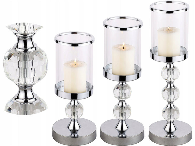 Świecznik Glamour Lampion Chrom Kryształ kpl 1-2-3 srebrna dekoracja stołu, ozdoba do wnętrz, metal i szkło, wysokość 41 cm