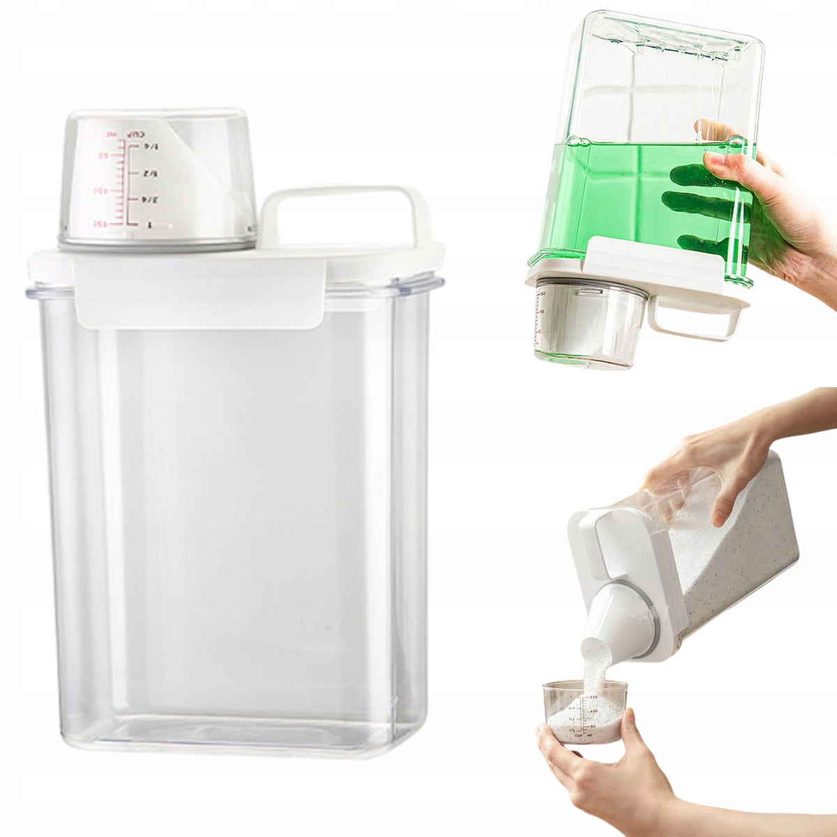 Pojemnik z miarką organizer pudełko na proszek płyn do prania płukania 1,8l na środki piorące, bezbarwny, plastikowy