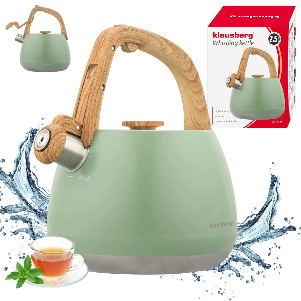 Czajnik z Gwizdkiem 2,5l klausberg KB-9039 Indukcja Gaz Drewniany Styl kettle stalowy do gotowania wody, zielony