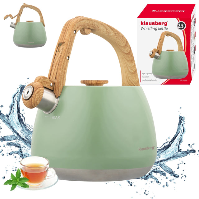 Czajnik z Gwizdkiem 2,5l klausberg KB-9039 Indukcja Gaz Drewniany Styl kettle stalowy do gotowania wody, zielony