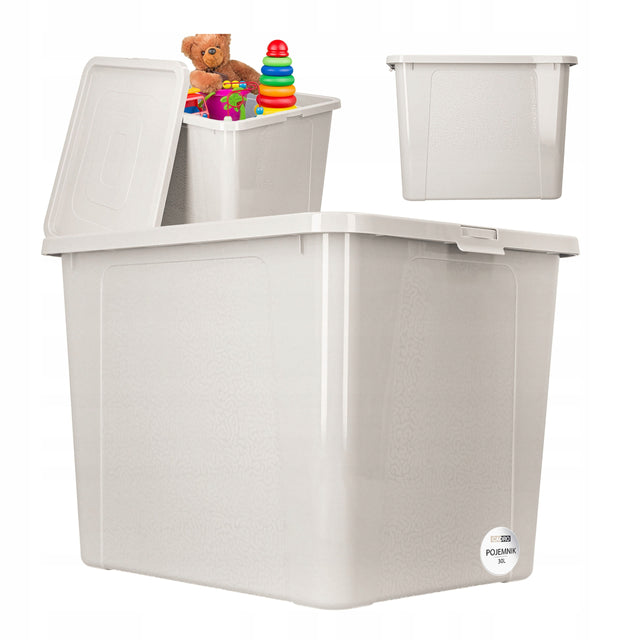 Pojemnik plastikowy z pokrywą 30l duży organizer na zabawki box kremowy skrzynia, schowek, pudełko do przechowywania akcesoriów