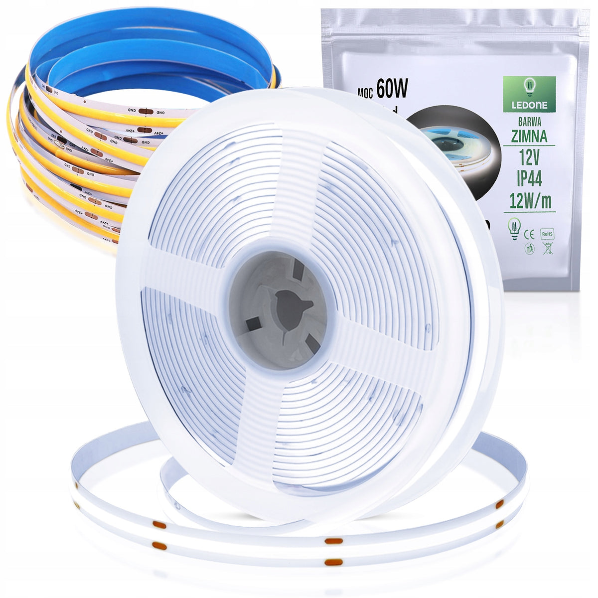 Taśma LED COB 12V 12w/m ip44 neon zimna 5m linia pasek świetlny 6000K 1200 lm do podświetlenia wnętrz