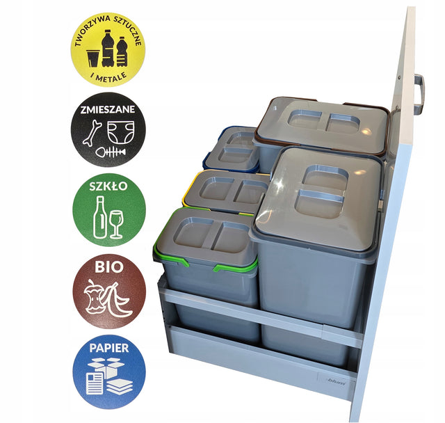 Kosz na śmieci sort 61l do szafki szuflady 60 Blum 5 pojemników na odpady system segregacji kuchennej bio papier plastik szkło, 4 komory, tworzywo
