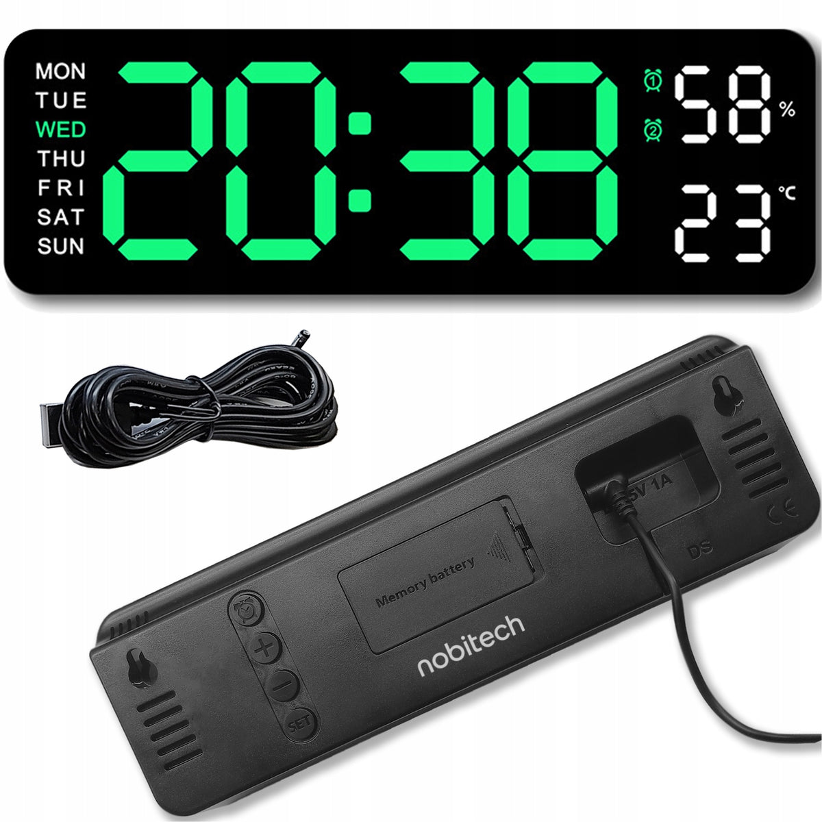Budzik zegar ścienny duży elektroniczny stojący na ścianę LED 4 jasności wyświetlacz cyfrowy zasilanie USB czarny