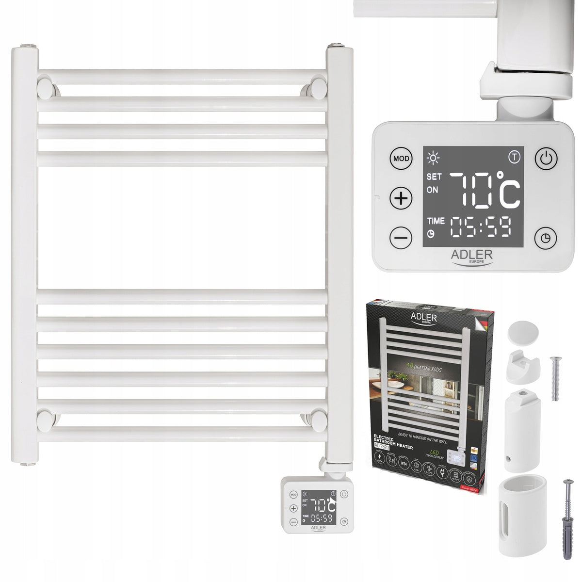 GRZEJNIK ŁAZIENKOWY BIIAŁY ELEKTRYCZNY KALORYFER DRABINKOWY ŚCIENNY LED 50 mm 70 mm grzewcza biały