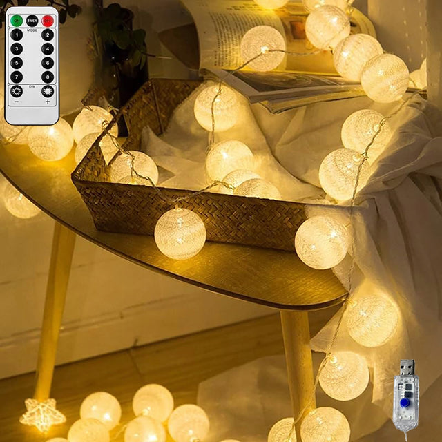 Lampki kule cotton balls girlanda 20 LED świetlna kule USB +pilot dekoracja wnętrz, ozdoba do pokoju, białe kulki 6 cm