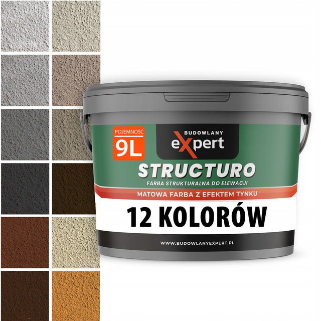 Farba strukturalna elewacyjna fasadowa zewnętrzna do malowania zewnątrz 9l akrylowa do betonu, matowa, wydajność 9 m²/l