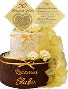 TORT Z RĘCZNIKÓW prezent na ROCZNICĘ ŚLUBU 10 20 30 40 45 50 60 ZŁOTY HAFT komplet łazienkowy 50x100 cm, gramatura