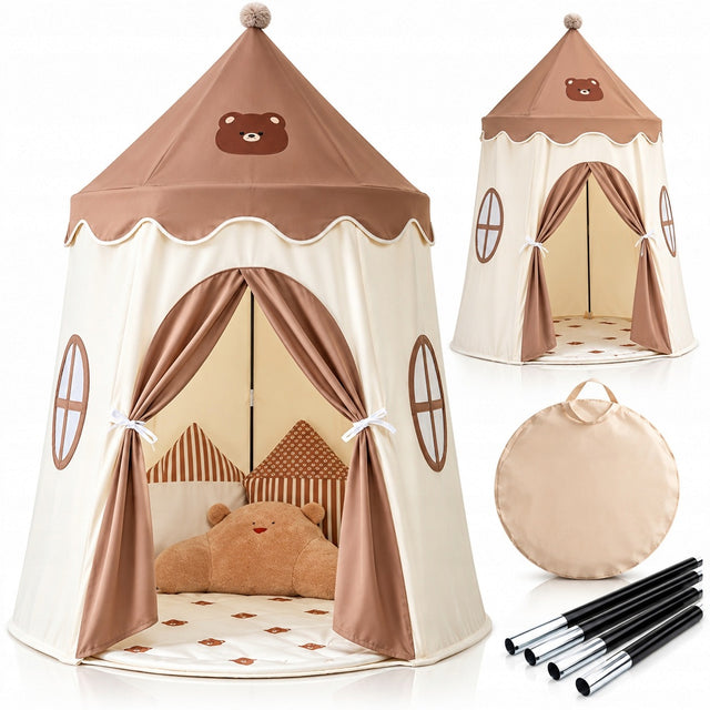 Namiot dla Dzieci tipi do Pokoju domu Domek Wigwam Beżowy Miś do zabawy kryjówka z pokrowcem, 105 × 110 × 150 cm, dla malucha od 3 lat namiot