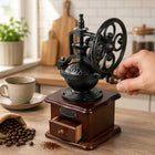 Młynek do mielenia kawy ceramiczny ręczny drewniany retro tradycyjny mocny żarnowy z korbką, do ziaren, brązowy
