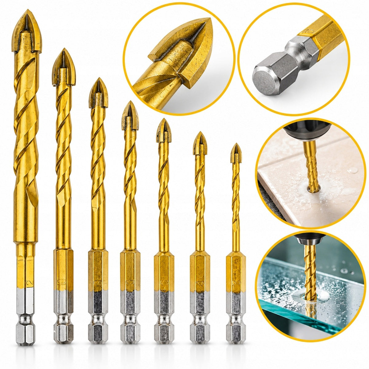 WIERTŁA DO PŁYTEK CERAMIKI GRESU SZKŁA WIERTŁO 3-12MM 7 SZT HEX 1/4" PROFI do glazury, końcówki pilotujące, długość 130