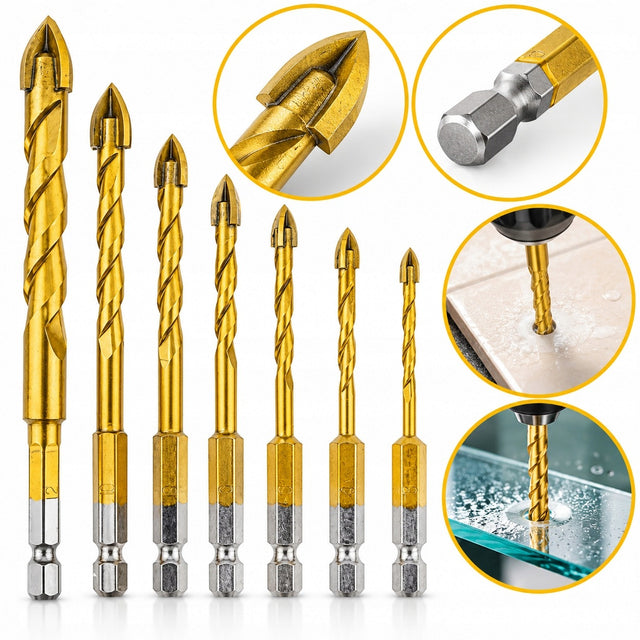 Wiertła do płytek ceramiki gresu szkła wiertło 3-12MM 7 SZT HEX 1/4" profi do glazury, końcówki pilotujące, długość 130 mm