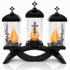 Duży Znicz Premium Potrójny Czarny Srebrny 39cm Krzyż Róże Na Grób Efekt 3D lampion led cmentarny, dekoracja nagrobna