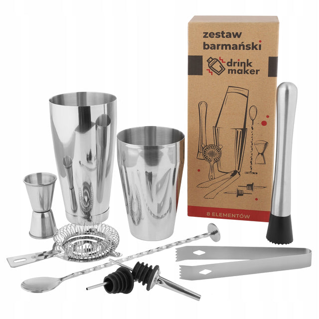 Zestaw barmański do drinków 8 el. Shaker Tin-Tin Strainer Muddler Jigger przybory koktajlowe, wyposażenie barmana, akcesoria barowe