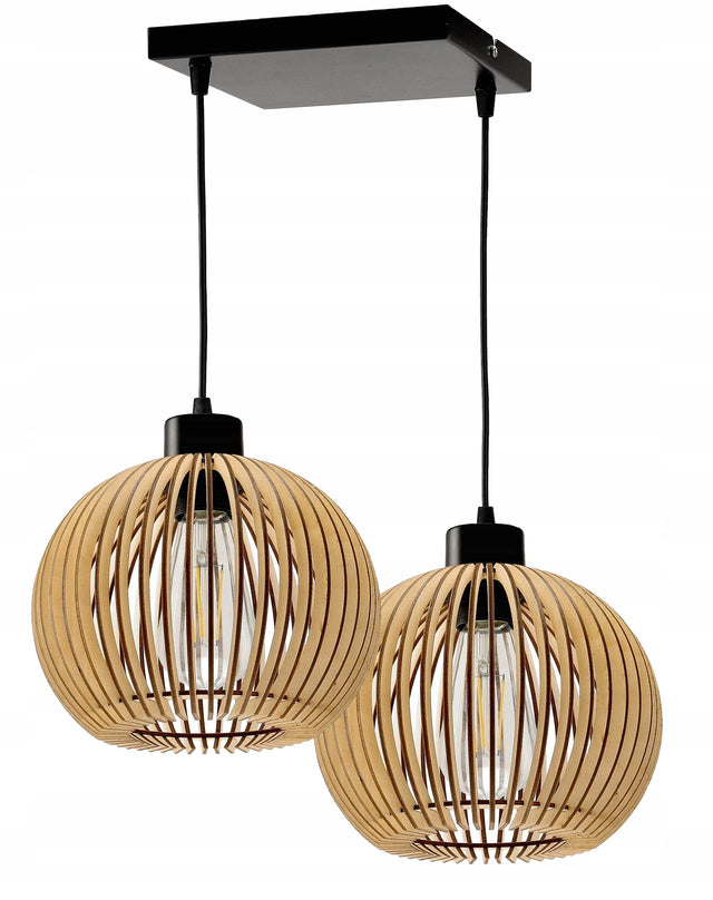 Lampa wisząca sufitowa żyrandol zwis drewniana boho E27 oprawa metalowa czarno-beżowa, 2-punktowa, wysokość 120 cm