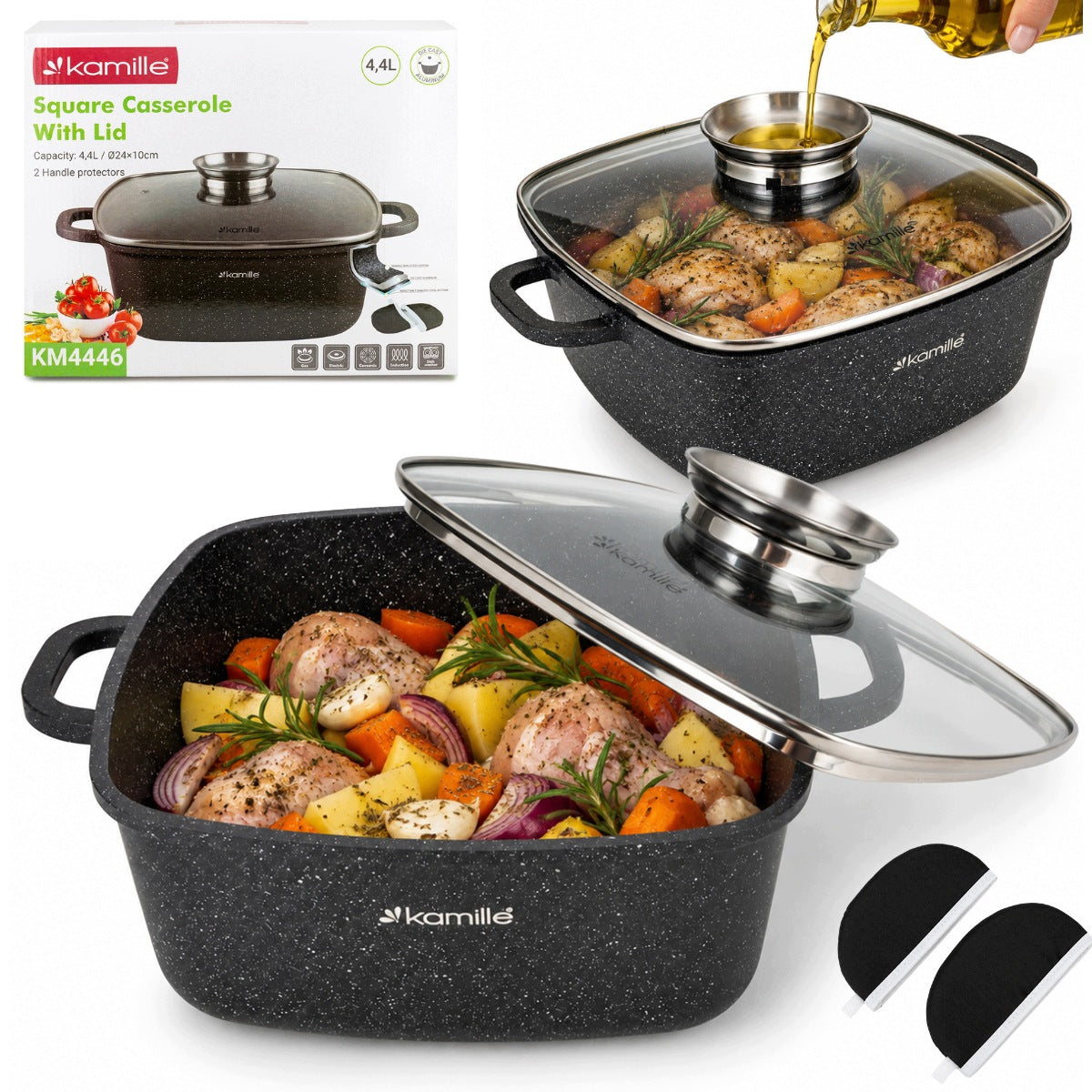 Garnek 4,4 L kwadratowy marmurowy kociołek pokrywa indukcja GAZ kamille aluminiowy do piekarnika, zmywarki, kuchenki