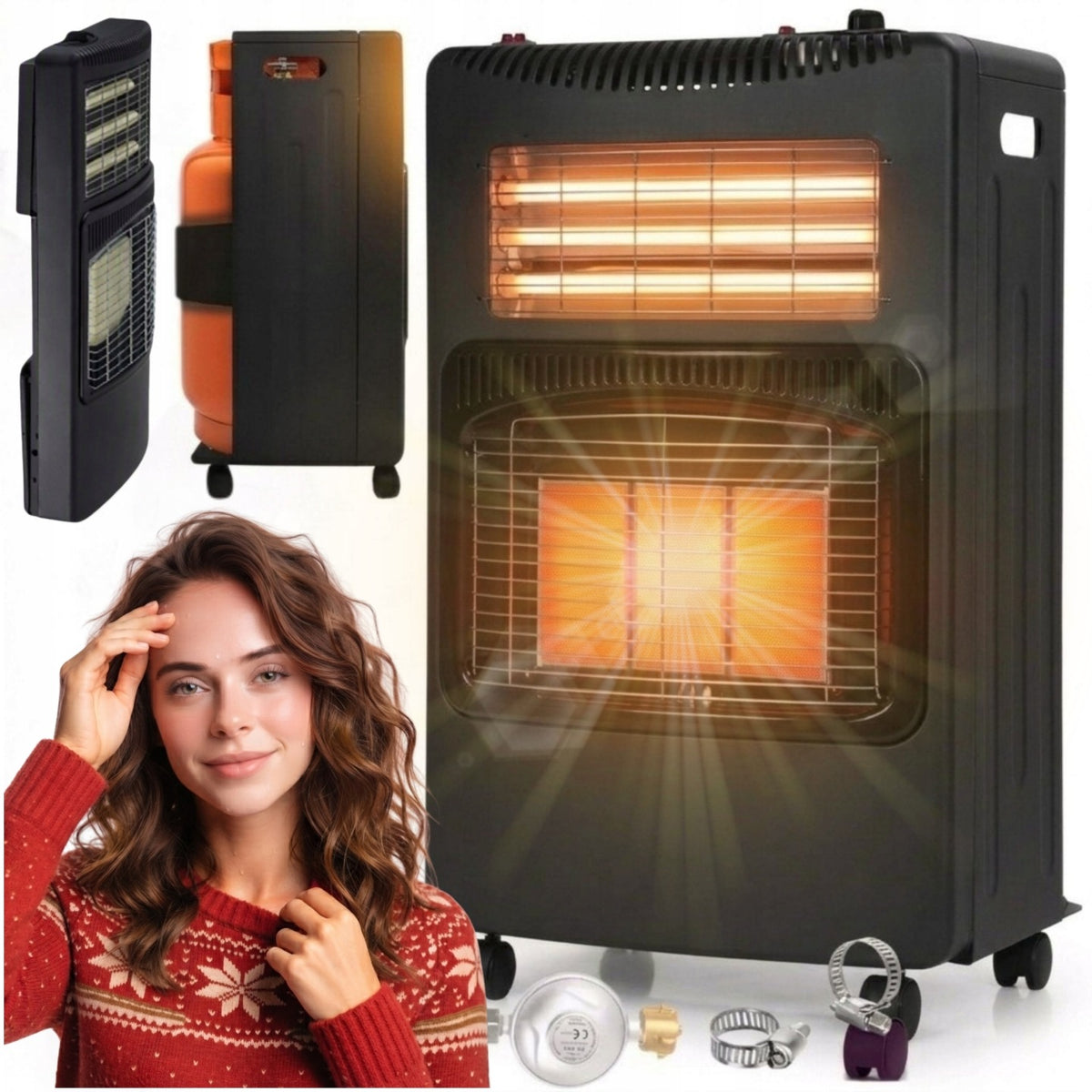 PIECYK GAZOWY na butle GRZEJNIK SKŁADANY 5,4kW + FARELKA ELEKTRYCZNY 2w1 420 mm 730 mm grzewcza czarny