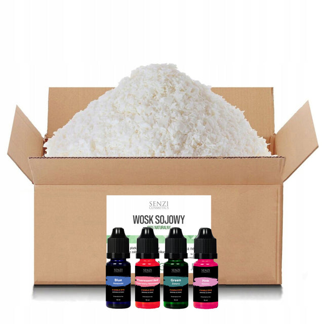Wosk sojowy Do Świec 5kg Płatki 100% + Barwniki Zestaw 4x10 ml do produkcji świeczek, rękodzieło, DIY, masa do zalewania