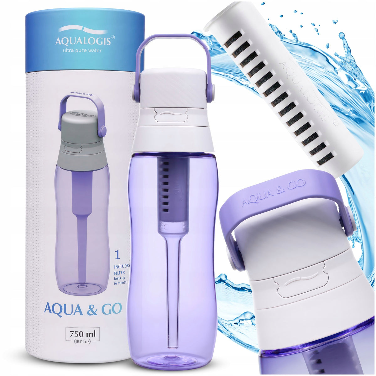 Butelka filtrująca na wodę aqualogis bidon Aqua&Go Tritan Fioletowa 750ml fioletowy