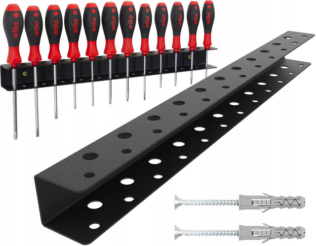 Masywny wieszak warsztatowy na 23 śrubokręty - 50 cm uchwyt na wkrętaki, metalowy organizer ścienny, nośność do 10 kg
