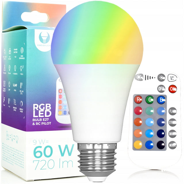 Kolorowa żarówka E27 LED RGB +biały E27 9W ściemnialna zmienia kolory pilot do lampy, oświetlenie dekoracyjne, 720 lm, 3000 K, tradycyjny kształt