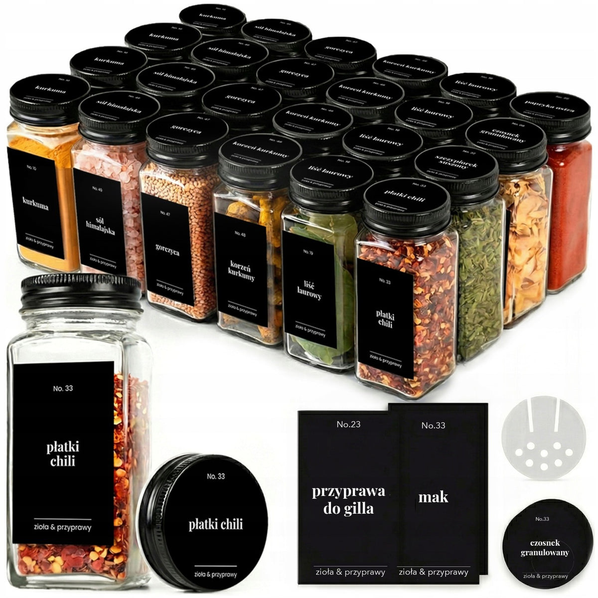24 Pojemniki na przyprawy słoiczki + etykiety winylowe soft touch matowe szkło, 120 ml, do ziół i produktów sypkich