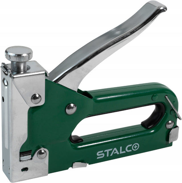 Zszywacz tapicerski Stalco S-21410 ręczny pistolet do mocowania tkanin i obicia mebli, obsługuje zszywki 4–14 mm