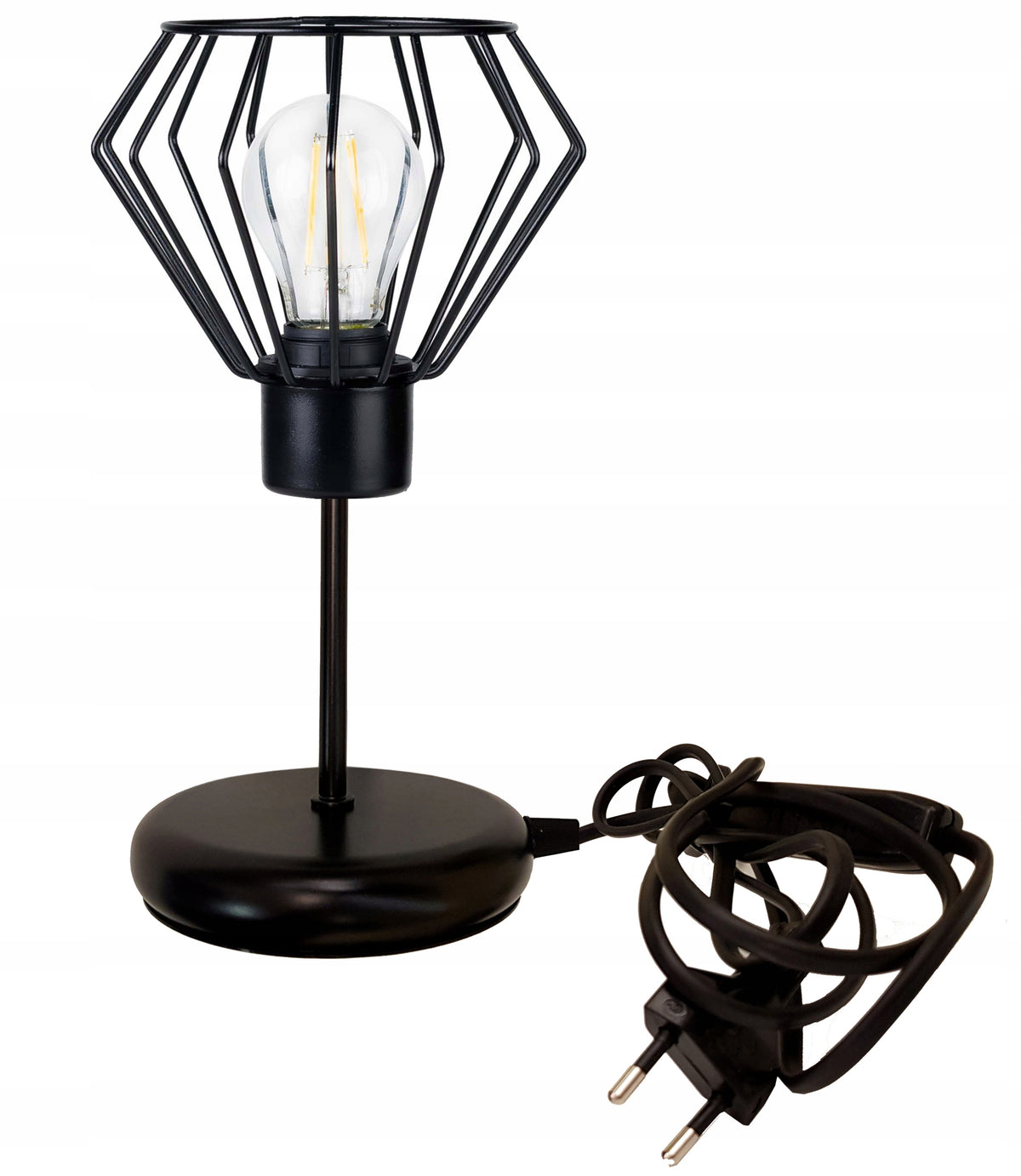 LAMPKA NOCNA LAMPA STOŁOWA LOFT CZARNA E27 DRUT DRUCIANA DIAMENT oświetlenie do sypialni, industrialna, ażurowy klosz