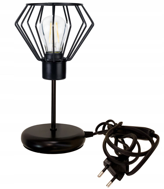 Lampka nocna lampa stołowa loft czarna E27 drut druciana diament oświetlenie do sypialni, industrialna, ażurowy klosz 18 cm, wysokość 40 cm, 60 w