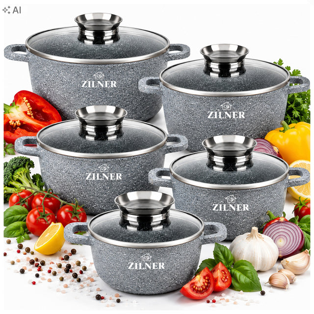 Komplet garnków marmurkowych zestaw garnki 10 ELE indukcja GAZ pokrywki aluminiowe naczynia do zmywarki, kuchenki ceramicznej i piekarnika