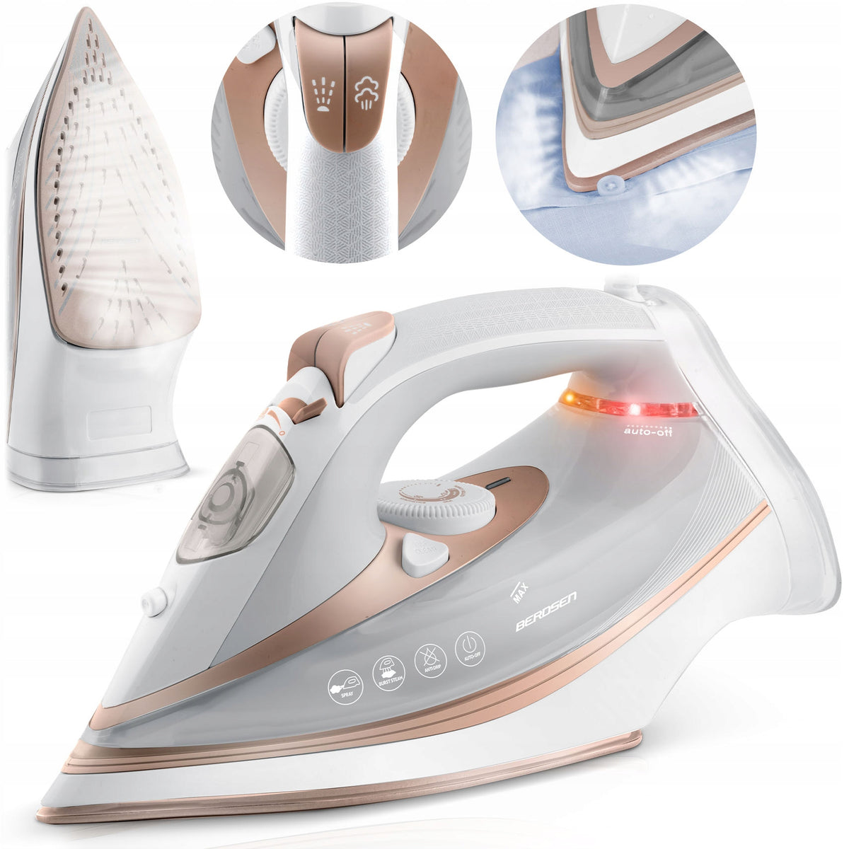 Żelazko parowe 3000W berdsen BD-332 ceramiczna powłoka praca w pionie mocne prasowanie ubrań, para 70 g/min, zbiornik