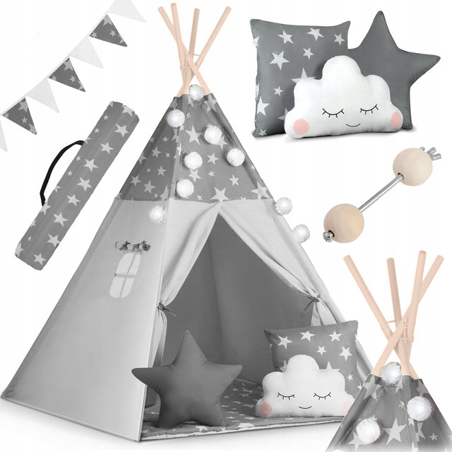 Tipi namiot wigwam dla dzieci teepee Girlanda Poduszki Stabilizator Nukido domek do zabawy szary 120x165 cm od 3 lat pokrowiec kryjówka dla malucha