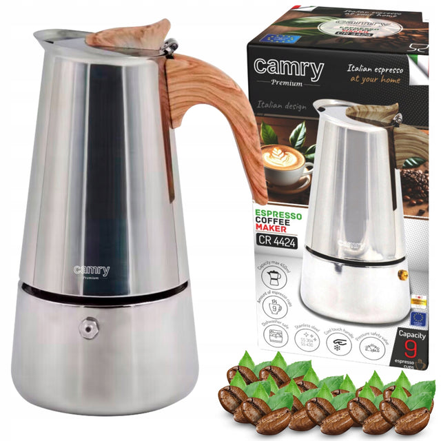 Kawiarka zaparzacz do kawy espresso Działa na Indukcja Gaz Stalowa 450ml moka, kafetiera, 9 filiżanek, mycie w zmywarce, srebrna